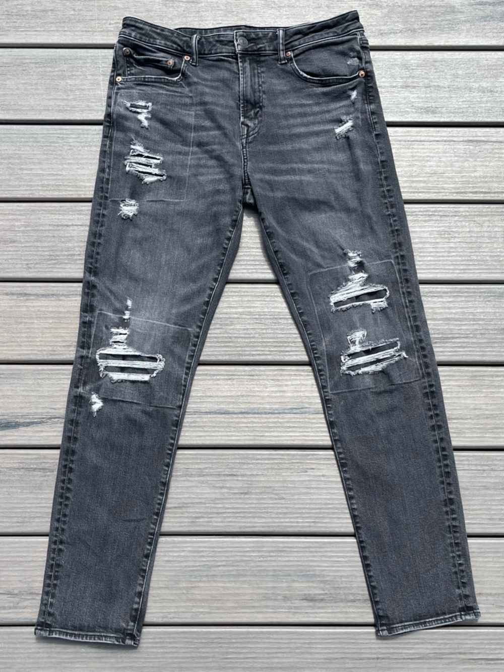 American Eagle; AirFlex+; Distressed; Patchwork; Black; Skinny Jeans; 33W/34L